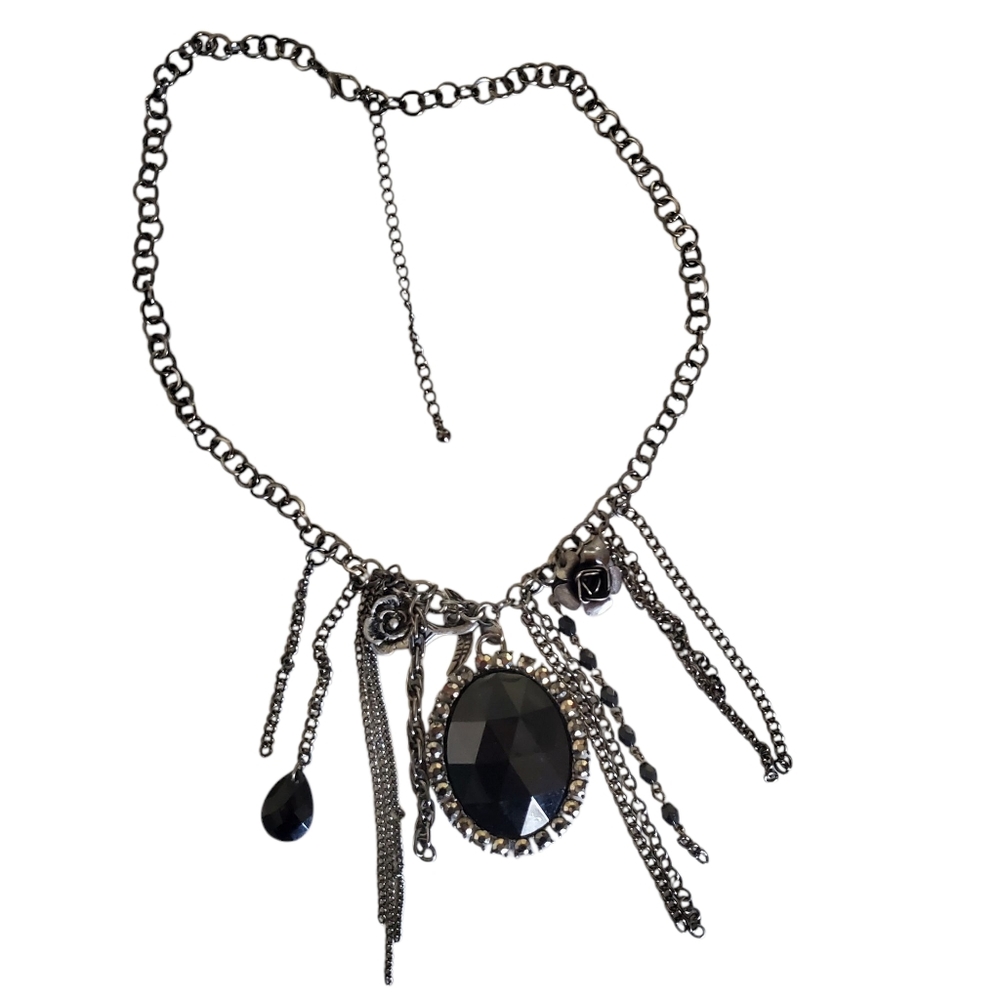 Womens Black Accessory Dangling Facetted‎ Statement Charm Necklace